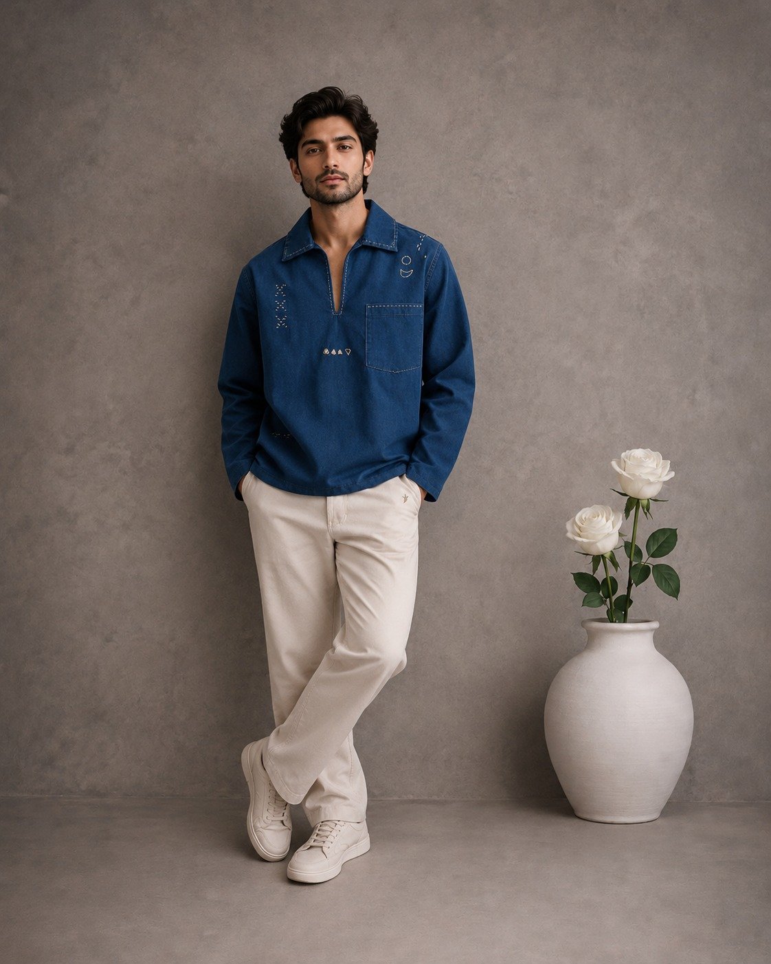 Navy Blue Mandarin Collar Shirt